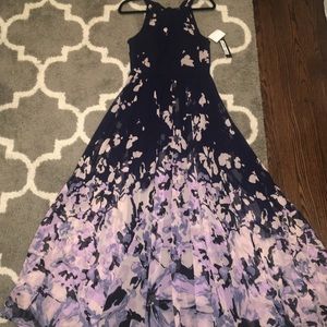 Betsy & Adam Navy blue and pink flowers gown sz 8
